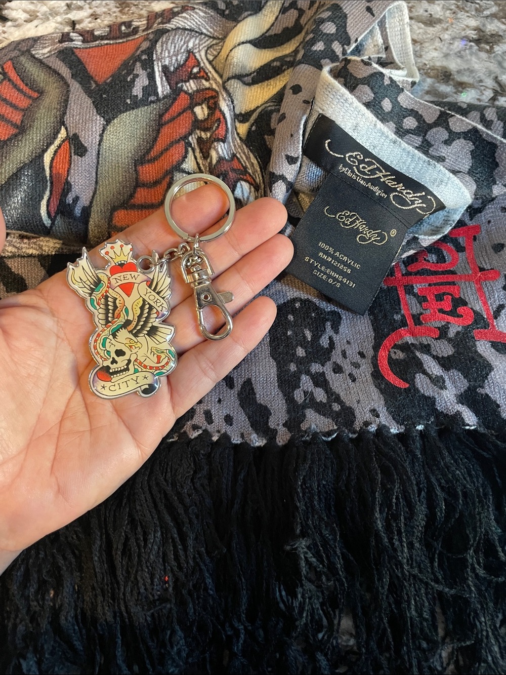 Ed Hardy Metal Keychain Multicolor Tattoo Artwork and long scarf with fringe